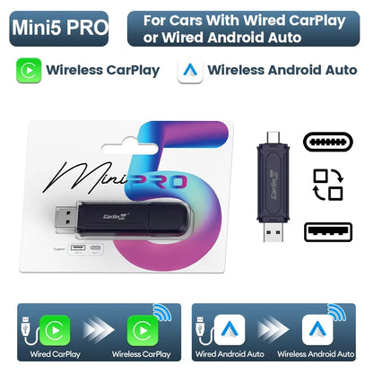 MINI 5 Pro/Mini Ultra CarlinKit Wireless CarPlay Adapter – Smart Plug & Play WiFi Bluetooth Auto Connection Box