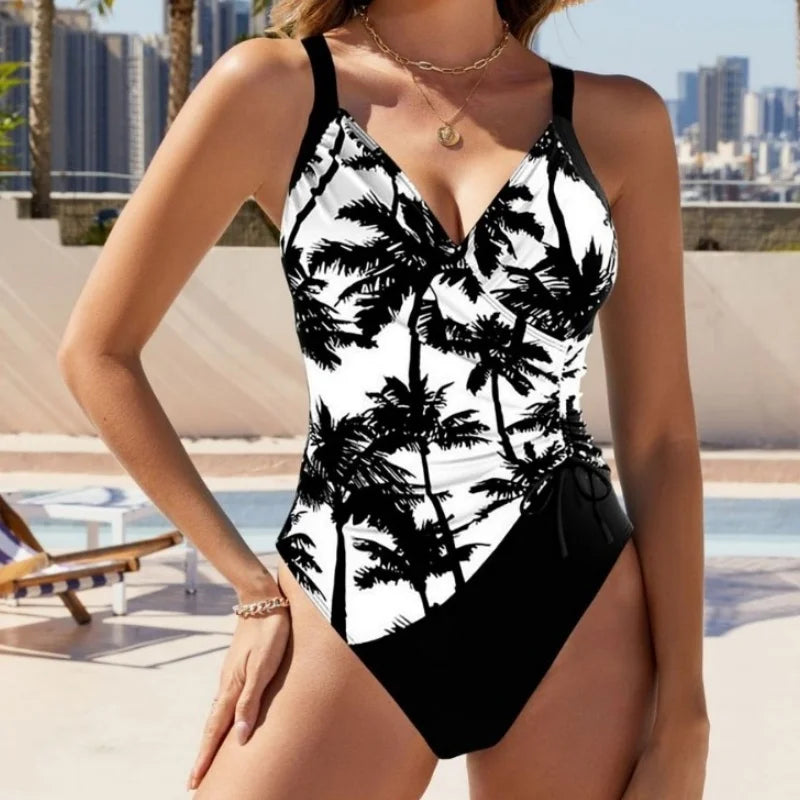 Printed V Neck One Piece Swimsuit - Women's Slim Fit Side Drawstring Bodysuit Beachwear Bathing Suit