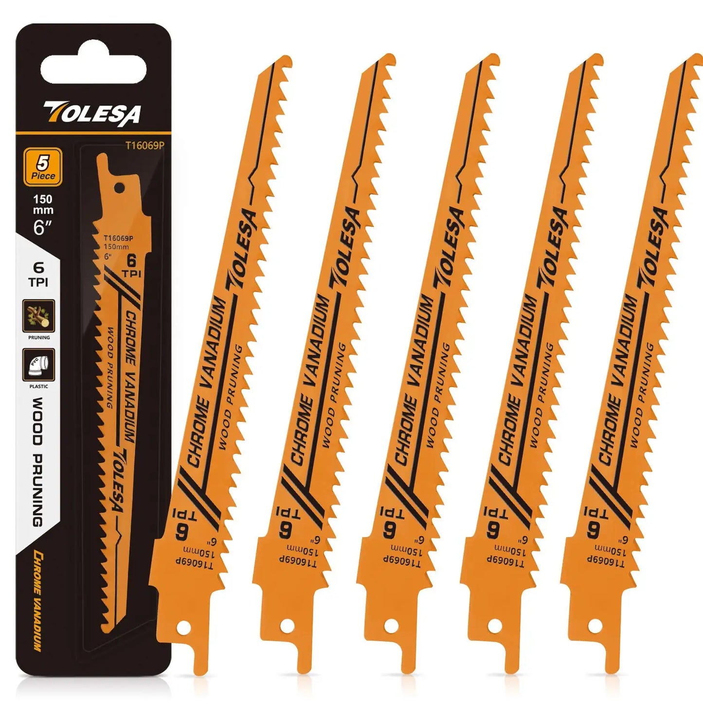 TOLESA 5PCS Reciprocating Saw Blades - 5/6TPI CRV Wood and PVC Cutting Pruning Blades for Sabre Saws