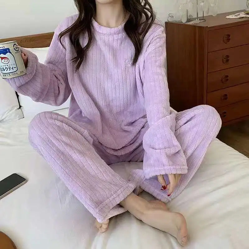 Autumn Women's 2 Piece Warm Velvet Pajama Set – Ribbed Fleece Pullover & Pants, Casual Loungewear (2023)