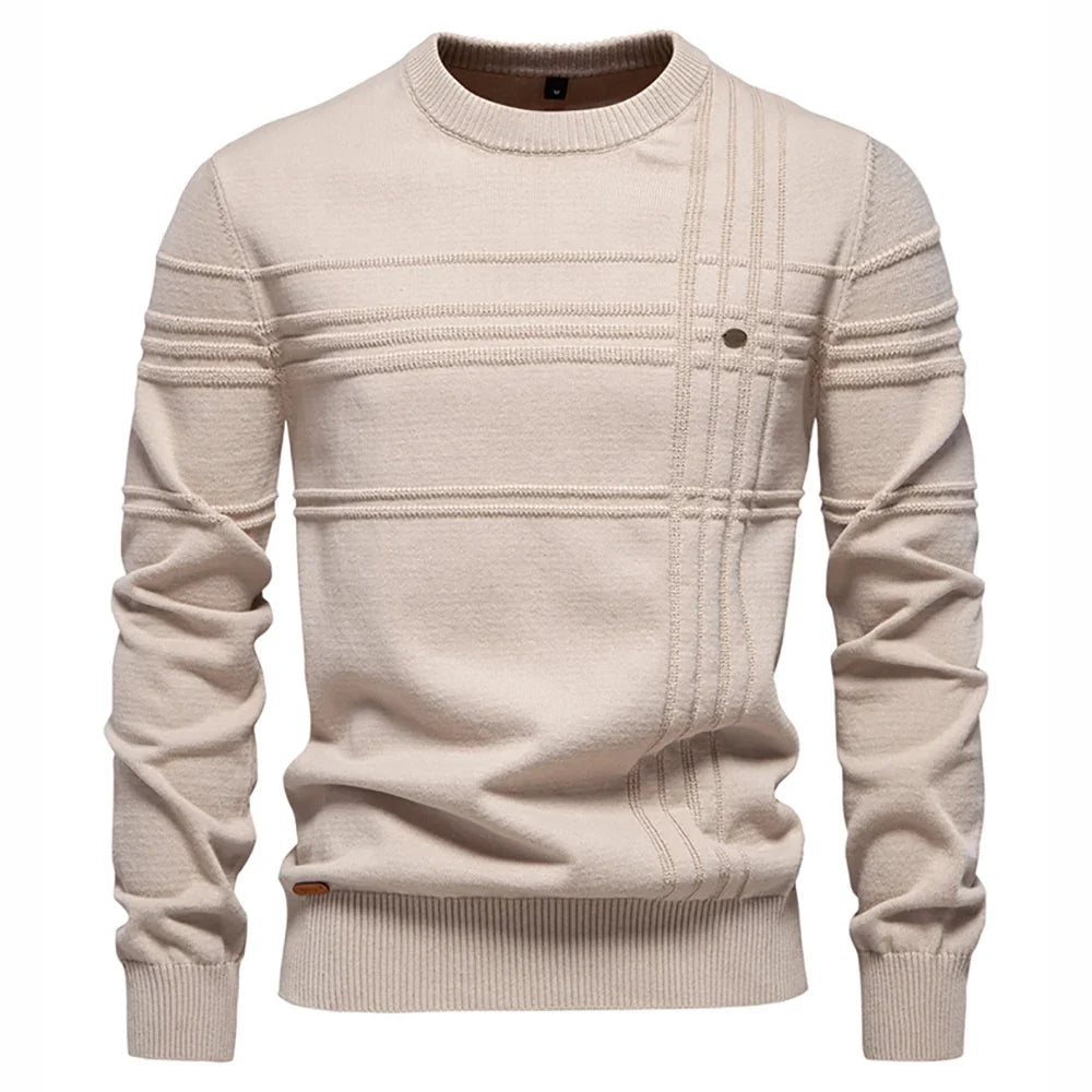 AIOPESON Men's Crewneck Sweater - Striped Cotton Knit Pullover Autumn Winter Warm Casual Top
