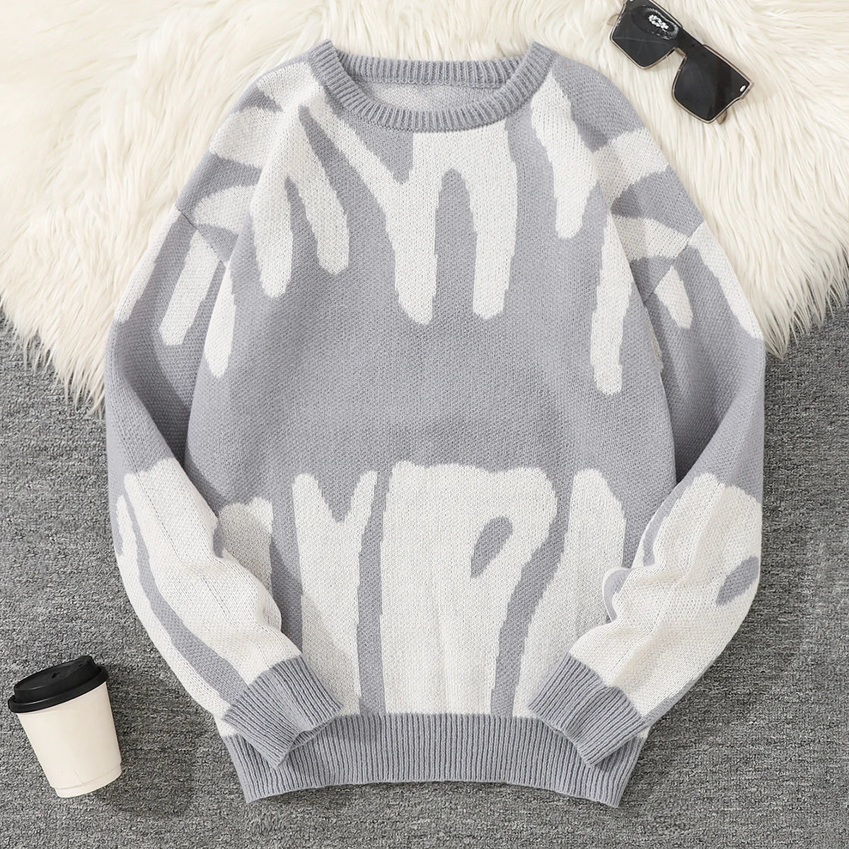 Men's Autumn Winter Jacquard Sweater - Irregular Pattern Contrast Color Round Neck Knitted Casual Pullover