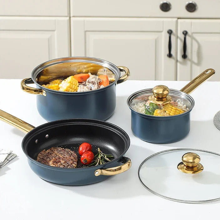 6-Piece Non-Stick Cookware Set - Stainless Steel Frying Pans Pots and Casserole Kitchen Set