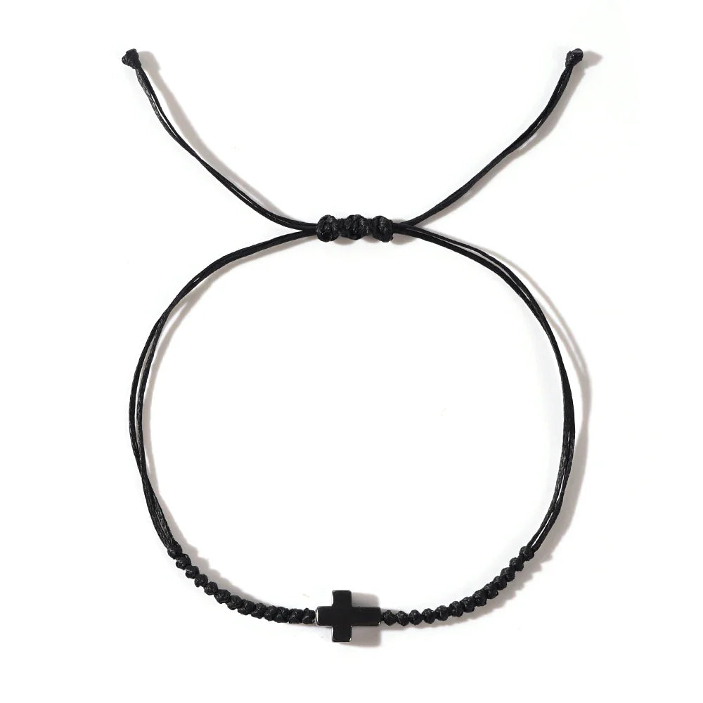 Minimalist Black Cord Cross Bracelet - Handcrafted Woven Protection Jewelry Gift for Men