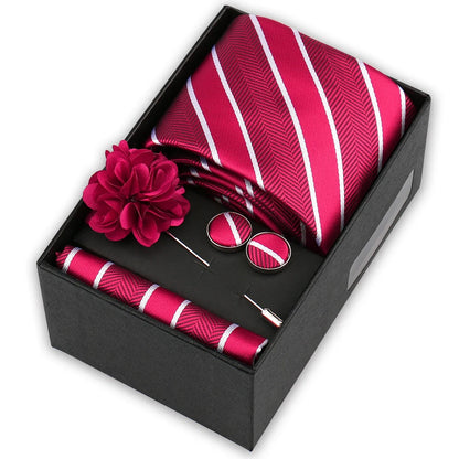 Men’s 4-Piece Tie Set Gift Box - Elegant Necktie with Handkerchief, Cufflinks & Brooch for Business, Wedding & Suit Accessories