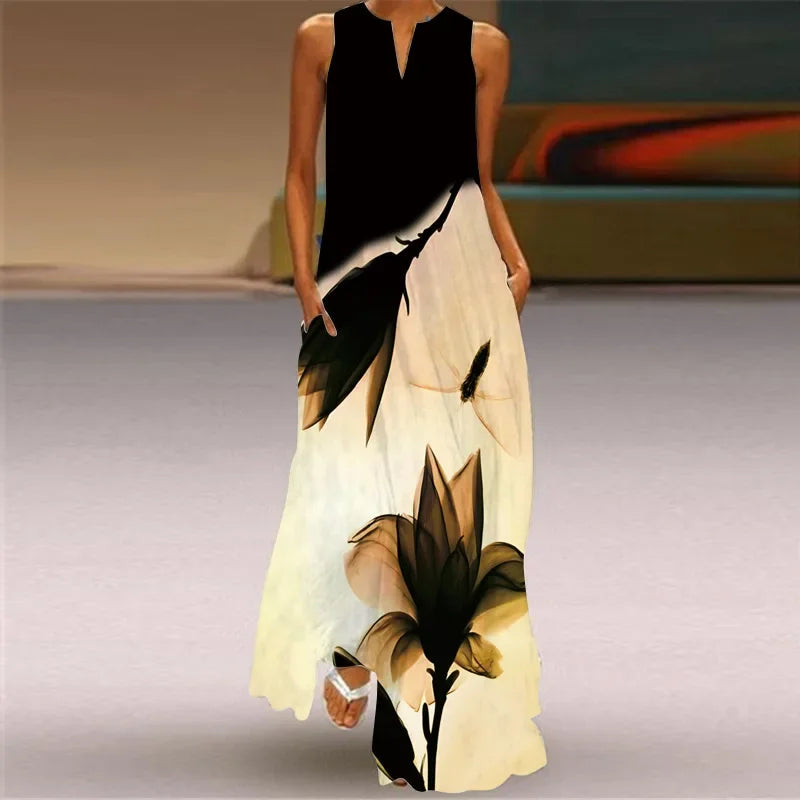 Women’s Retro V-Neck Summer Dress - Sleeveless Printed Maxi Swing Skirt with Loose Comfortable Fit