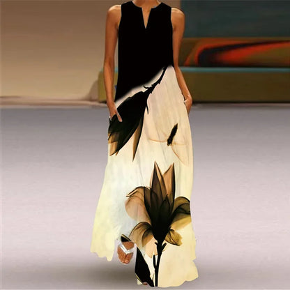 Women’s Retro V-Neck Summer Dress - Sleeveless Printed Maxi Swing Skirt with Loose Comfortable Fit