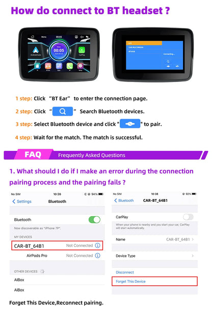 EKIY MTC-10 5” Wireless CarPlay Motorcycle Navigation Display – Portable Android Auto Monitor