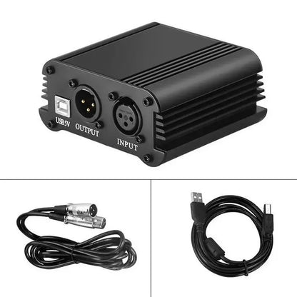 48V Phantom Power Supply Kit - XLR 3-Pin Microphone Cable & Adapter for Condenser Recording Mics