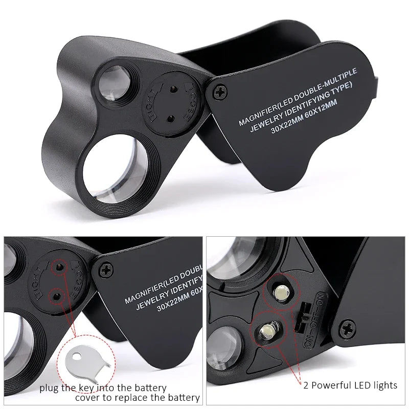 30X 60X LED Jewelry Loupe Magnifier - Foldable Illuminated Eye Glass for Gems Coins and Watch Inspection