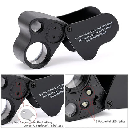 30X 60X LED Jewelry Loupe Magnifier - Foldable Illuminated Eye Glass for Gems Coins and Watch Inspection