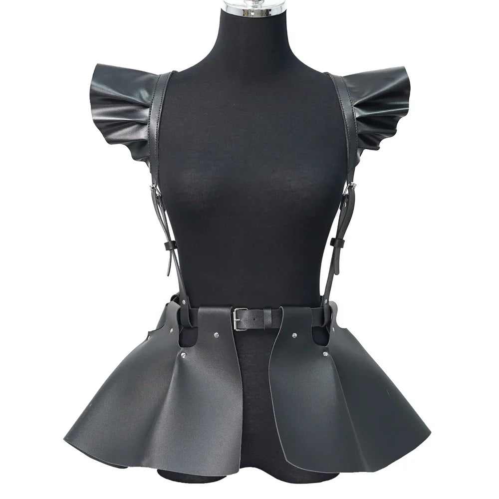 Women’s Gothic Leather Body Harness Belt – Skirt Accessory with Ruffle Hem, Waist & Shoulder Fashion Belt