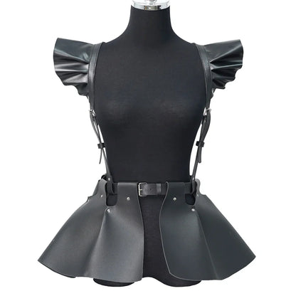 Women’s Gothic Leather Body Harness Belt – Skirt Accessory with Ruffle Hem, Waist & Shoulder Fashion Belt