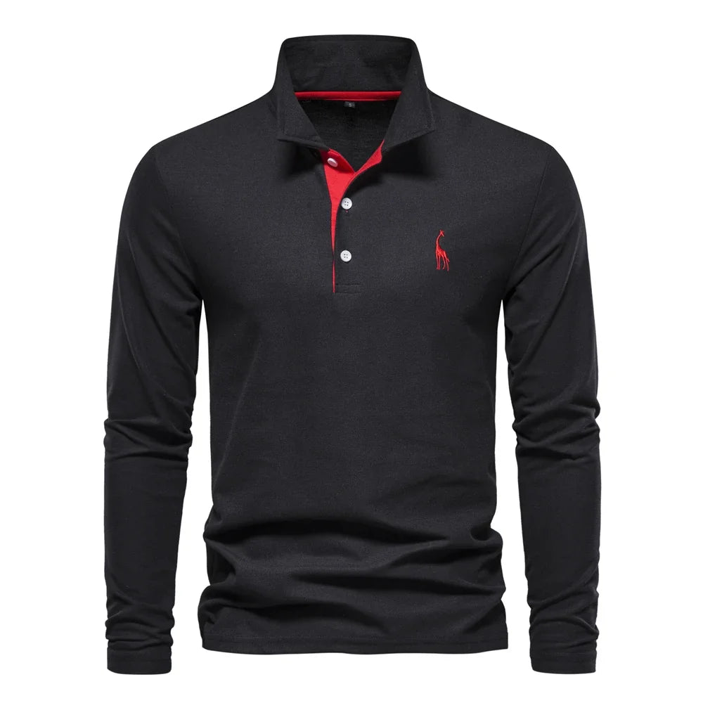 Men's Long Sleeve Embroidered Polo Shirt - Business Casual Solid Color Deer Design