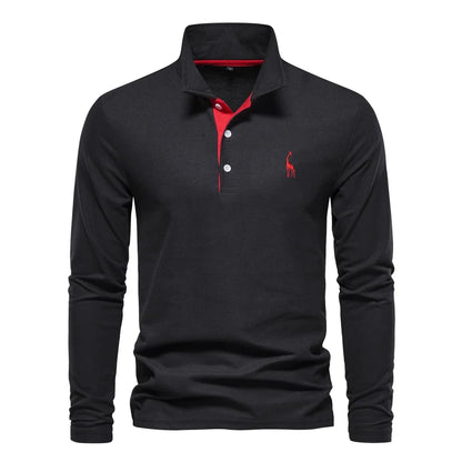 Men's Long Sleeve Embroidered Polo Shirt - Business Casual Solid Color Deer Design