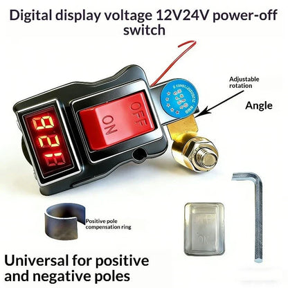Car Battery Disconnect Switch - 12V/24V Heavy-Duty Master Power Cut-Off with Digital Voltage Display