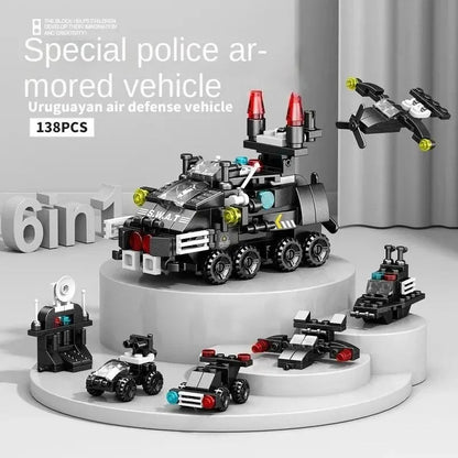 6-in-1 Police Truck Mech Dinosaur Building Blocks - Tank, Helicopter & Fire Truck Educational Toy