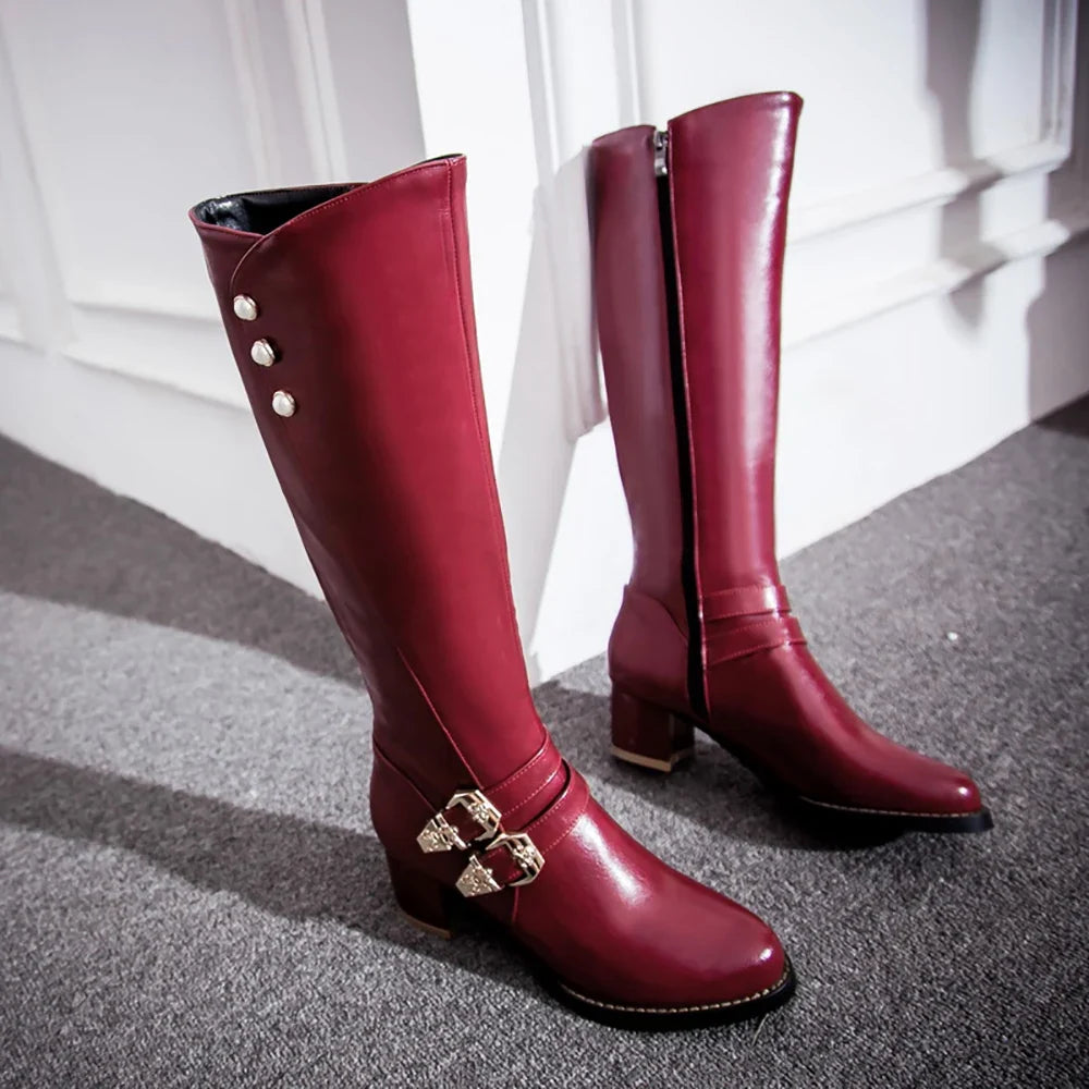 Women's Knee High Riding Boots - Winter Glamour Brown Red Chunky Heel Fashion Boots Plus Size Footwear