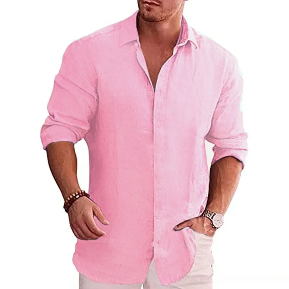 Men’s Cotton Linen Shirt - Long Sleeve Solid Color Casual Plus Size Autumn Top