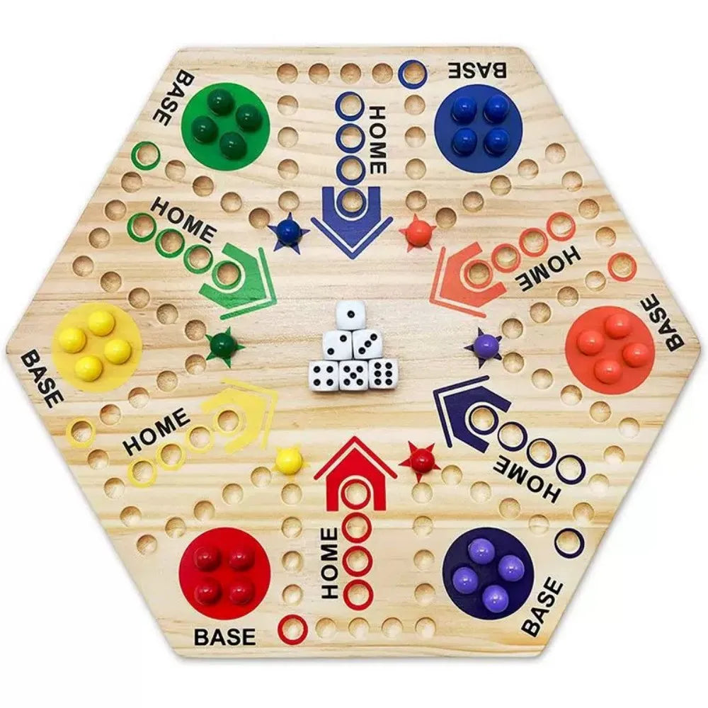Marble Game Board - Double Sided Wooden Fast Track Board Game with 24 Marbles, 6 Dice & 6 Player Set