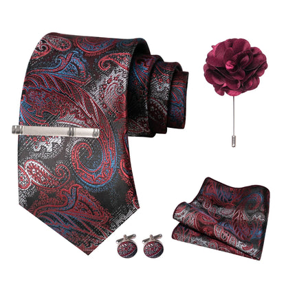 Wine Red Paisley Silk Tie Set for Men - Luxury Wedding Neck Tie with Pocket Square & Cufflinks Gift Box Accessories