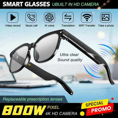 AI Smart Glasses - 800W HD Camera 1080P Video Recording 100+ Language Translation Bluetooth Music & Call Sunglasses