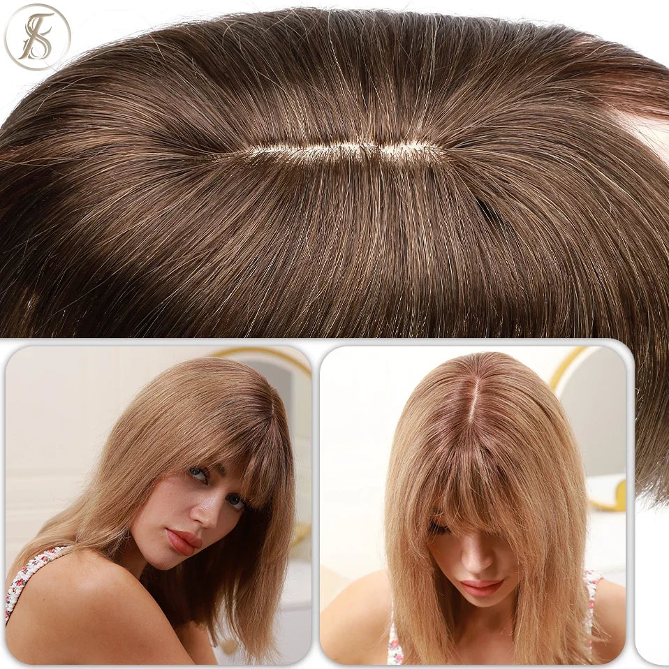 TESS Women Human Hair Topper With Bangs - 7x12.5cm Silk Base Clip In Hair Extension Natural Wigpiece