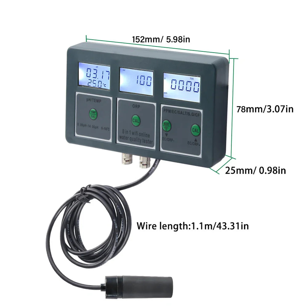 Tuya WiFi 8 in 1 Water Quality Tester – S.G, PH, EC, ORP, TDS, CF, Salt, Temp Analyzer for DIY Water Monitoring
