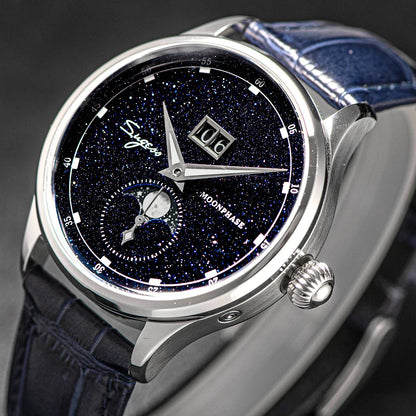 Sugess Moonphase Men’s Automatic Mechanical Watch — 40MM Stainless Steel with Seagull ST2528 Movement and Blue Sandstone Dial