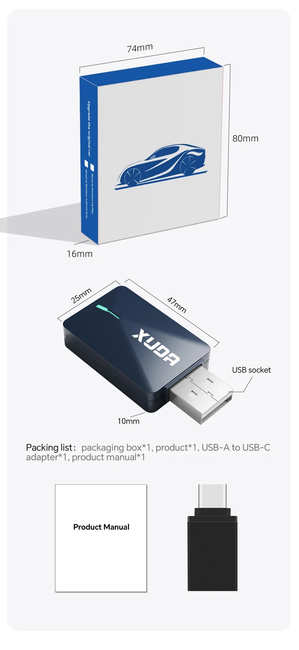 XUDA 2025 2-in-1 Wireless CarPlay & Android Auto Mini Box — Smart Plug & Play Adapter with Bluetooth & Fast WiFi Connect