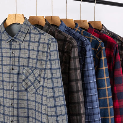 Men’s Fleece Plaid Shirt - Warm Thick Long Sleeve Business Check Shirt with Single Pocket for Autumn & Winter