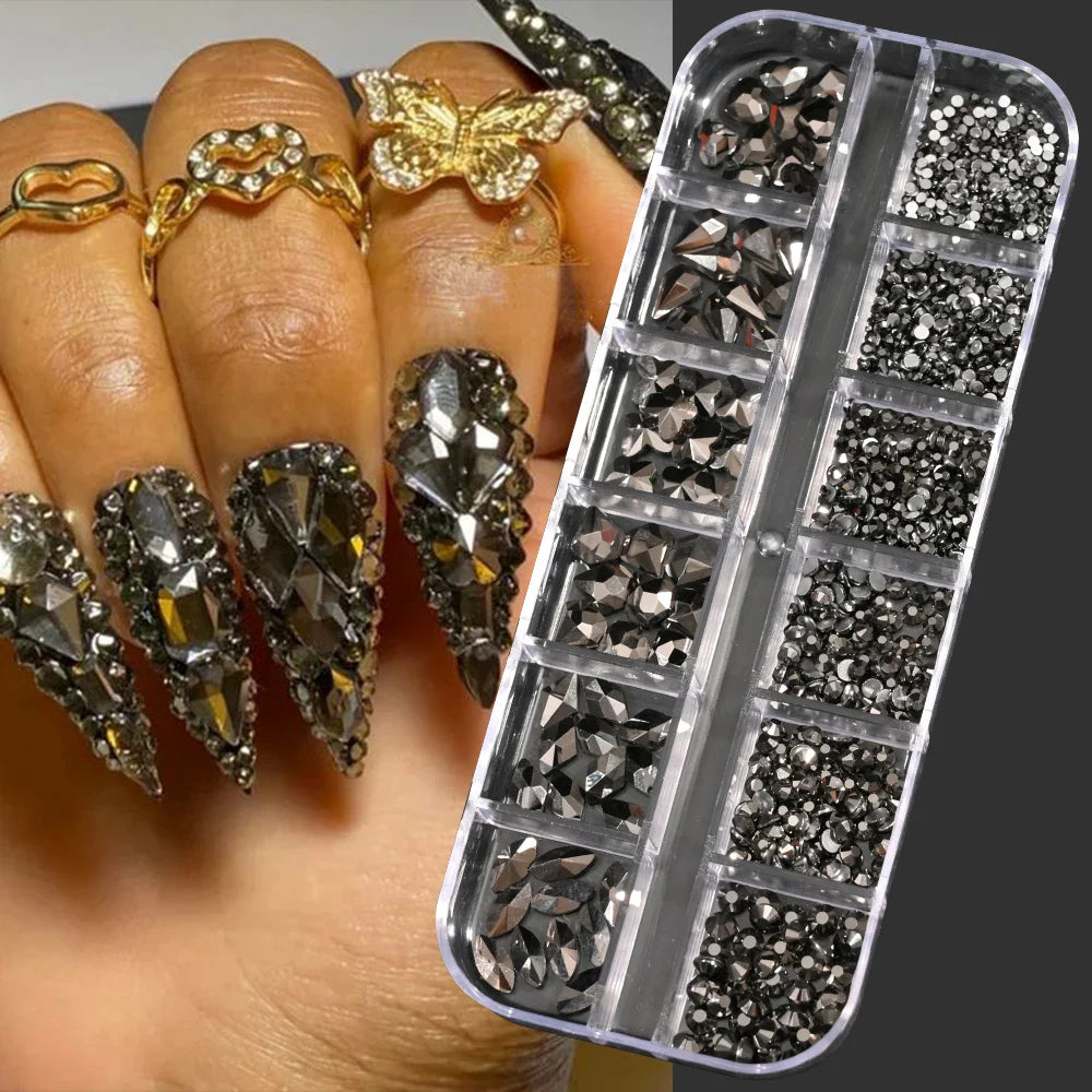 12-Grid Mixed Nail Rhinestones SS6-SS30 – Shiny Flat-Back Gems in Clear, Gold, Pink & Blue for Nail Art Decoration