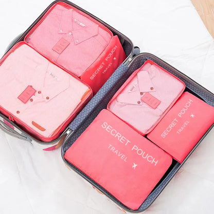 6 Pcs/Set Travel Storage Bags - Pink/Blue/Grey Waterproof Luggage, Clothing and Underwear Organizers with Zipper