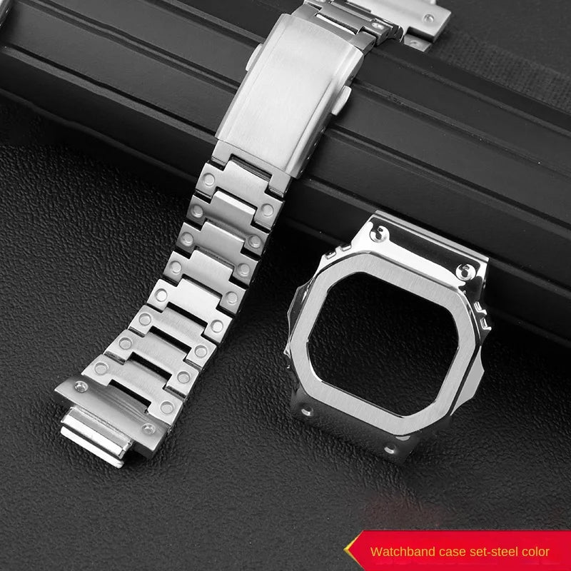Casio G-SHOCK DW5600 Mod Kit - Stainless Steel Case Bezel & Metal Strap Replacement Set for GW-M5610/GW-B5600