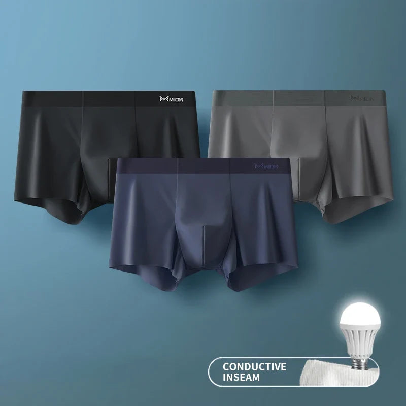 MiiOW 3-Piece Ice Silk Men's Boxer Briefs - Seamless Anti-Static Metal Fiber Comfort Underwear