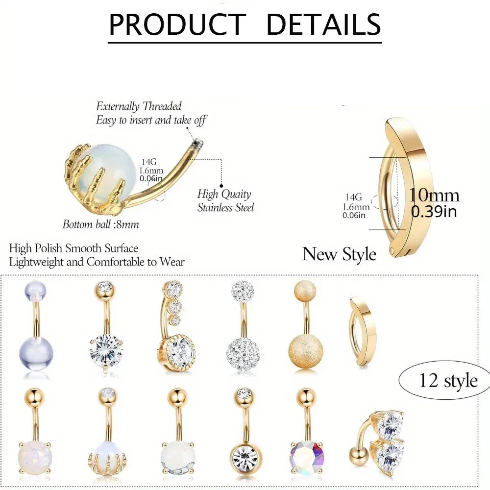 Drperfect 14G Belly Button Ring - Surgical Steel Short Navel Piercing Jewelry Pack for Women