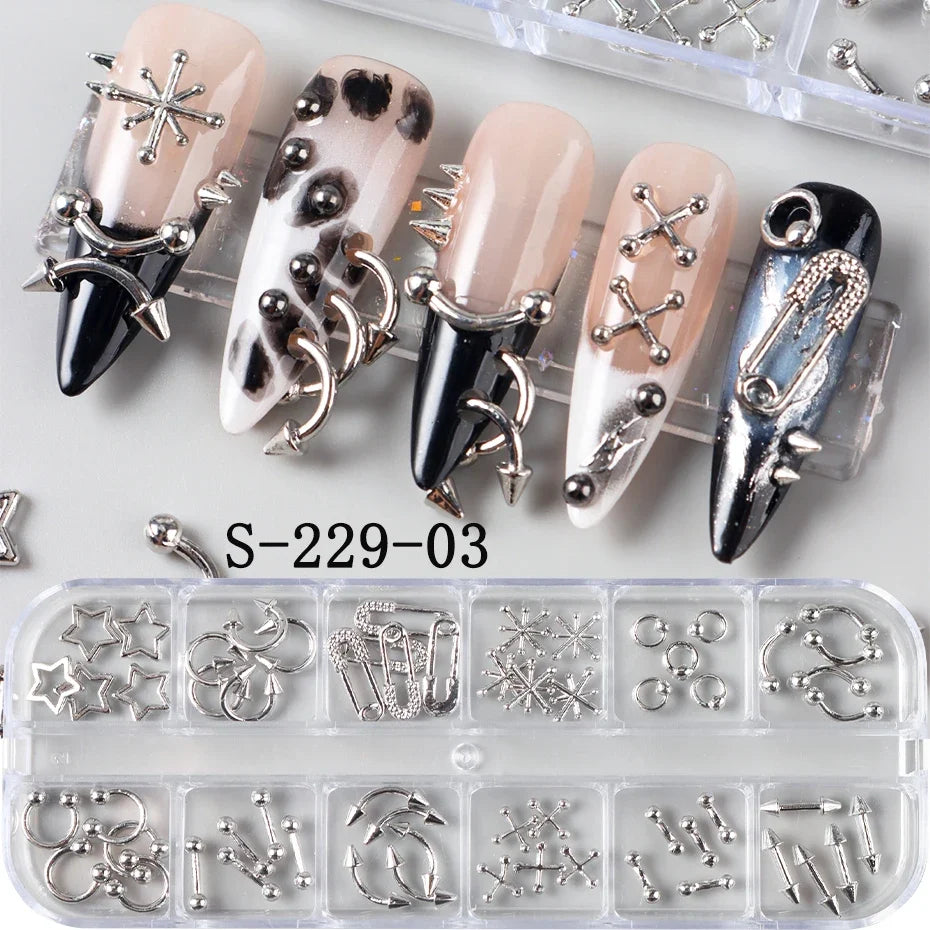 12-Grid Gothic Nail Charms - Silver Punk Metal Studs Rivets Y2K Grunge DIY Nail Art Decorations