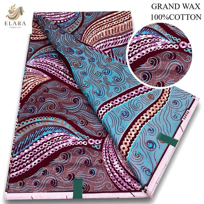 African Glitter Wax Print Fabric - 6 Yards Pink Gold Ankara Cotton Batik Material for Uniforms