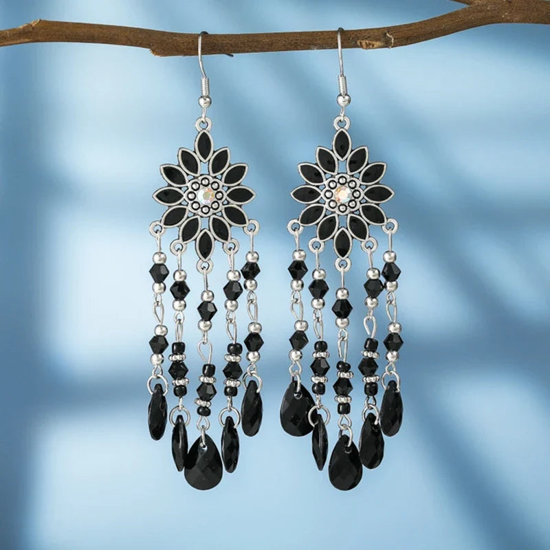 Bohemian Water Drop Tassel Earrings - Vintage Crystal Bead Long Dangle Jewelry for Women