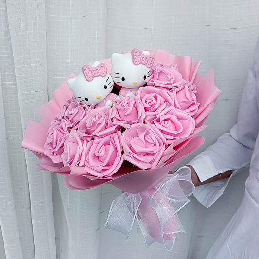 Hello Kitty Plush Bouquet — Anime Rose Soap Flowers for Wedding & Home Decor