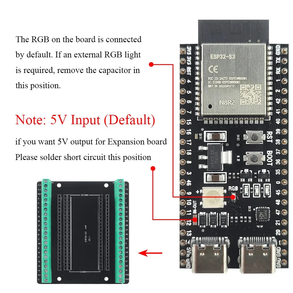 ESP32-S3 Development Board Kit – 2.4GHz WiFi & Bluetooth Module with Expansion Adapter, Type-C Interface (ESP32-S3-1 N8R2 N16R8 44-Pin)