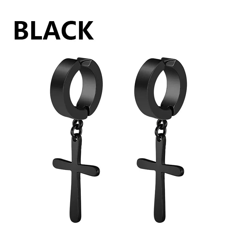 Stainless Steel Cross Star Dangle Earrings - Punk Gothic Hoop Huggie Jewelry for Men & Women
