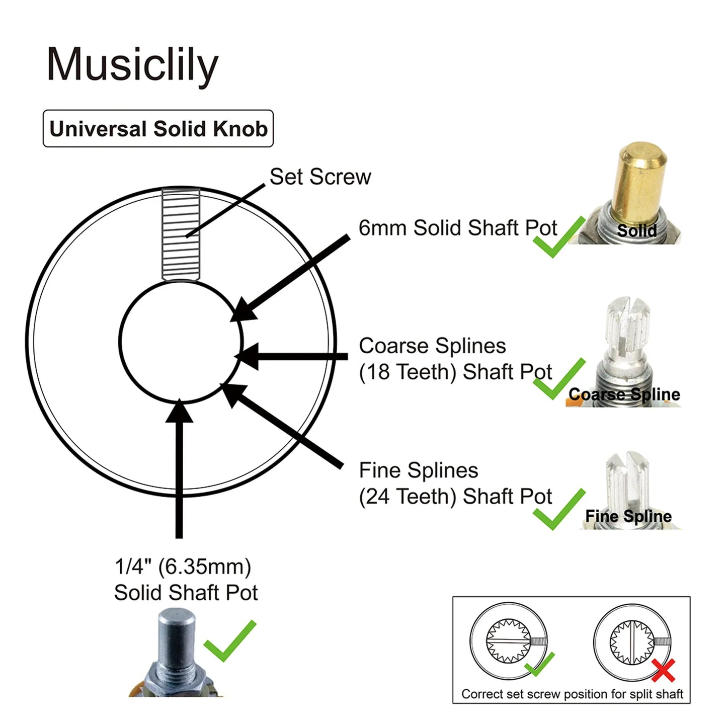 Musiclily Pro Guitar Control Knobs - 1/4 Inch Steel Flat Top Knobs with Set Screws for Electric Guitar & Bass (2PCS)