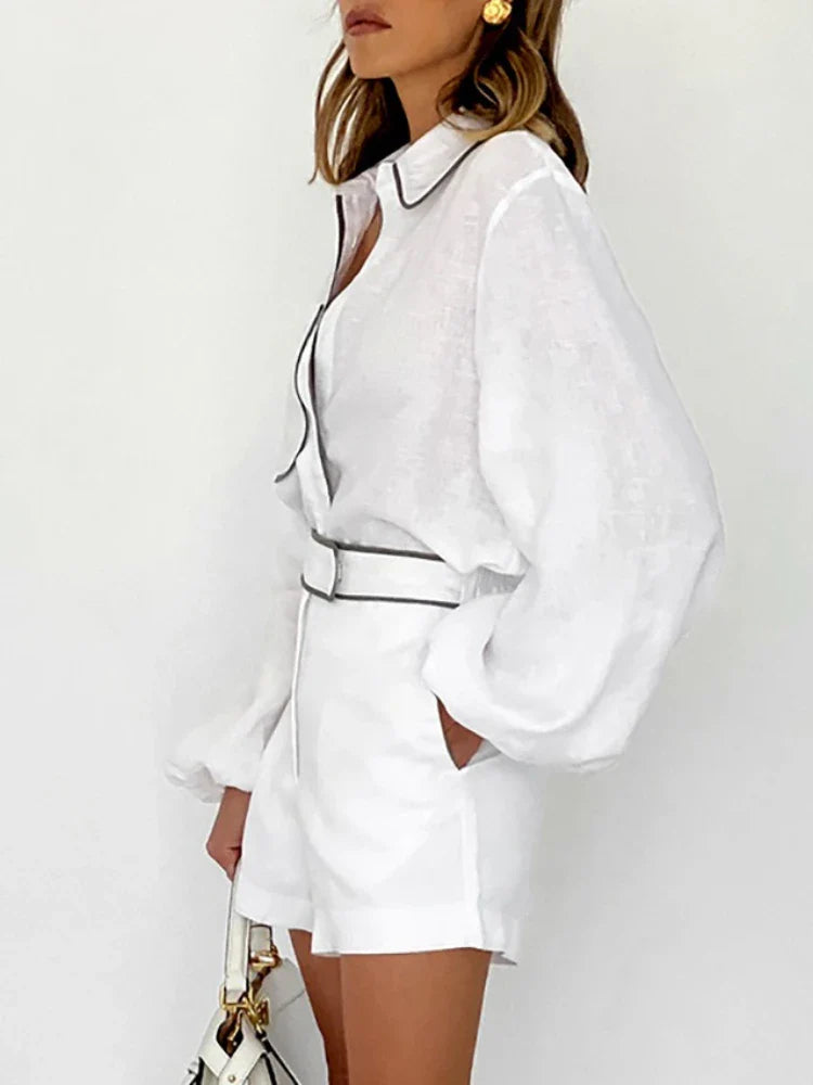 Summer Women’s Elegant Two-Piece Set – Cotton Linen Long-Sleeve Shirt & Shorts, Black & White Contrast