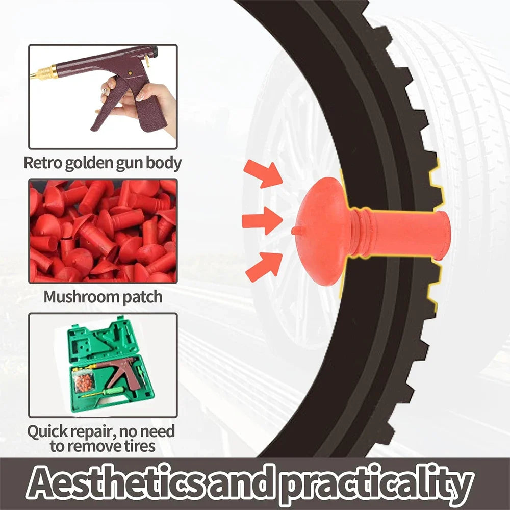 Professional Tubeless Tire Repair Kit - Heavy Duty Puncture Plug Gun with Mushroom Plugs for Car & Motorcycle