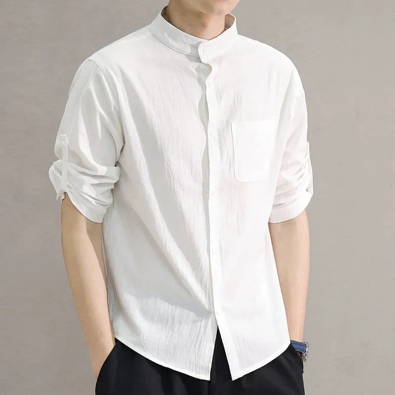 Men’s Stand Collar Short Sleeve Shirt - Spring Summer Casual Mid-Sleeve Plus Size Fashion Top