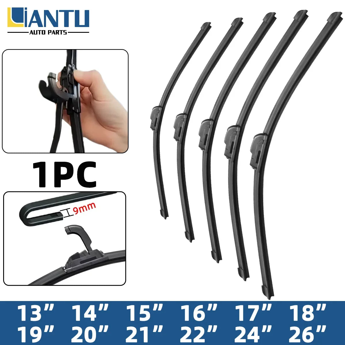 Universal Frameless Windshield Wiper Blade - 9mm J Hook Type Long Lasting Car Wiper Replacement