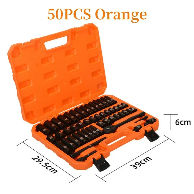 50PCS 3/8 Inch Pneumatic Socket Set - Metric Long & Short Sleeves for Auto Repair, Machinery & Hardware Tools