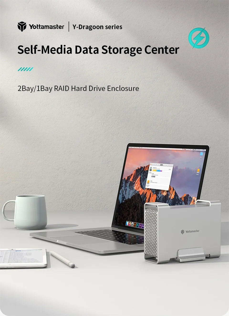 Yottamaster 1/2 Bay RAID Hard Drive Enclosure — 2.5"/3.5" SATA SSD/HDD External Case USB 3.1 Type-C 10Gbps, Supports Up to 2×16TB
