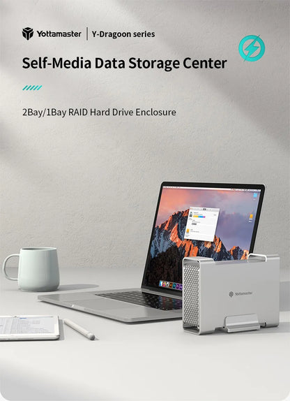 Yottamaster 1/2 Bay RAID Hard Drive Enclosure — 2.5"/3.5" SATA SSD/HDD External Case USB 3.1 Type-C 10Gbps, Supports Up to 2×16TB
